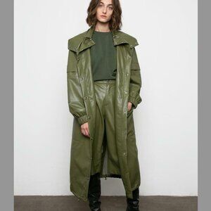 Aeron Delilah Faux Leather Long Jacket In Moss